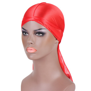 Cross-border European and American style SILKY DURAG hip-hop riding outdoor turban hat lace-up elastic glossy cloth long tail hat