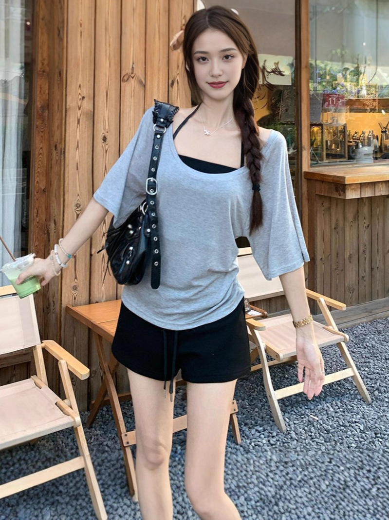 재고 있음 U 넥 얇은 자외선 차단 블라우스 서스펜더 슈트 여름 새로운 느슨한 다목적 슬리밍 솔리드 컬러 여성용 미드 슬리브 티셔츠