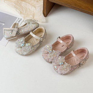 2025 Spring New Girls Korean Style Rhinestone Bow Soft-soled Princess Shoes