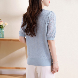 2024 Optimization Scissors V-Neck Half Sleeve Vertical Bead Jacquard Fashion Sweater