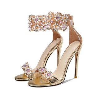 Women's Golden High-heeled Sandals Rhinestone Shoes Flower Zipper Women's Shoes
