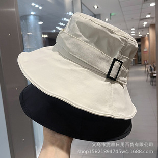 Simple buckle wide brim thin fisherman hat women's Korean-style fashion quick-drying cloth flat top sun-proof beach hat