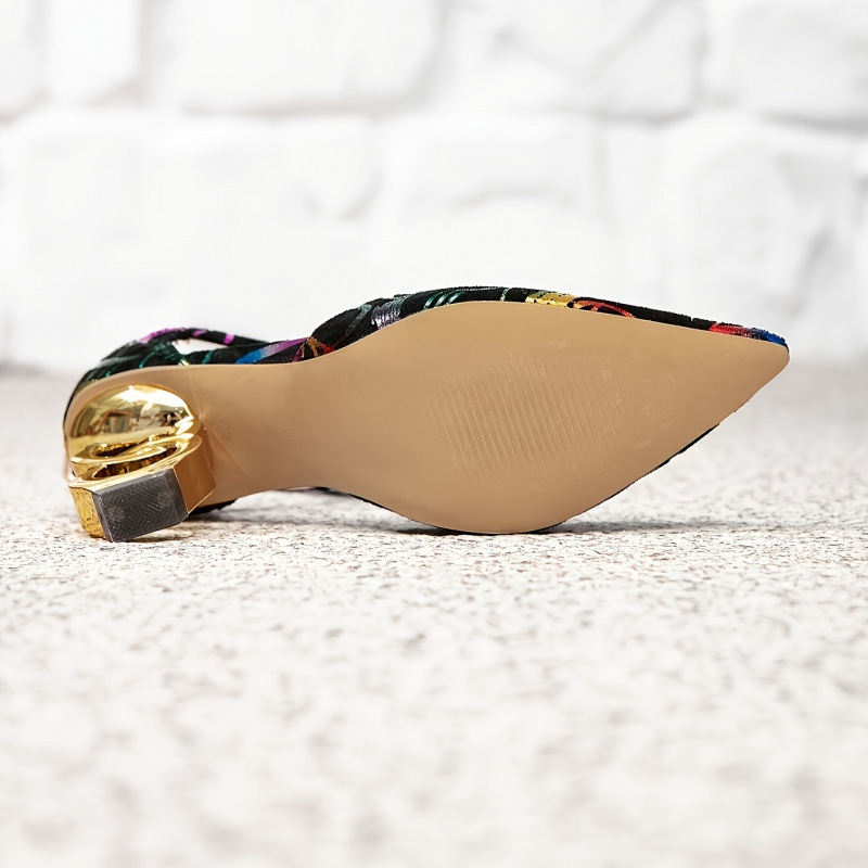 Exquisite Black Multi-Colored Abstract Print Pointed-Toe High Heels with Fashionable Cross Ankle Straps and Sculptural Gold Ring Heel