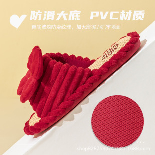 New Striped Bow Linen Wedding Slippers Summer Home Big Red Festive Dowry Wedding Slippers Pair