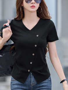 Cotton V-neck Short-sleeved T-shirt Women's Ins Trendy 2025 Summer New Loose Slimming Split T-shirt Casual Top