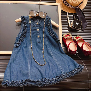 Denim vest girls dress summer foreign style 2025 new wooden ear sleeveless children's skirt cross-border