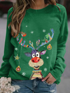 2023wish Amazon ebay Spring and Autumn European and American Crewneck Pullover Long Sleeve Casual Christmas Deer Printed Loose T-shirt
