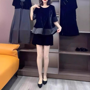 24590 Big Beauty Yiyuan 2024 New Fashion Comfortable Stitching Velvet Loose Top Shorts Two-piece Set for Women