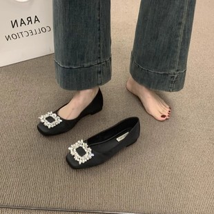 Women's 2025 New Spring Square Head Fairy Style Milk Shoes with Skirt Single Shoes Women's Slip-on Flat Bean Shoes