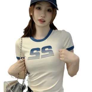 American LeTTer PrinTed ShorT-sleeved T-shirT for Women 2024 Summer New Sexy ReTro ShorT STudenT Slim Top Trendy