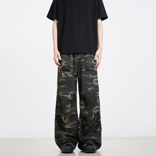Niche American Camouflage Parachute Soldier Crowd Pants for Women and Men Retro Drawstring Adjustable Loose Straight Casual Jeans