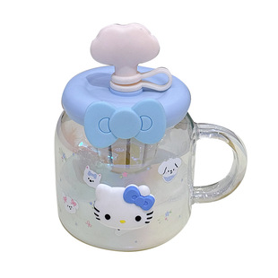HelloKitty стеклянный стакан для девочек с высоким значением лица 2025 новый большой емкости с ручкой тонна соломинки большой живот чашка