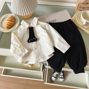 CT257659 Boys' Shirt 2025 Spring New Korean School Style Cartoon Tie Shirt