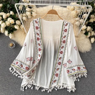 Bohemian Seaside Vacation Yunnan Ethnic Style Embroidered Top Loose Embroidered Tassel Shawl Sunscreen Shirt Summer