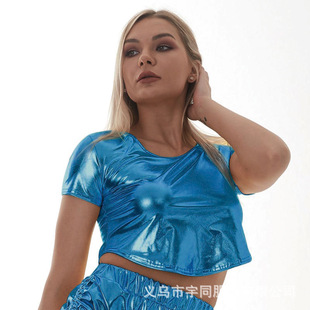 AliExpress Amazon popular women's nightclub stage wear short sleeve navel-exposed round neck top performance clothing hot girl wear