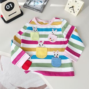Japanese-Style Spring 25 New Men's and Women's Children's Clothing Pocket Bear Rabbit Colorful Stripe Cartoon Embroidery Round Neck Long T7021