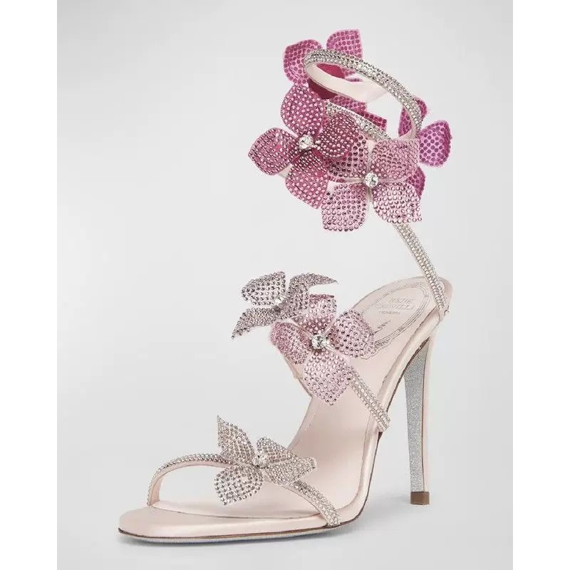 European and American Export R Snake-Shaped Winding High-Heeled Shoes Lace Flower Inlaid with Diamonds Wrapped Anklets Stiletto Sandals Popular Evening Style