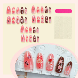 Summer Blush Gradient Bow Wear Armor French Love Strawberry Polo Dot Delicate Wearable Nail Art Wholesale