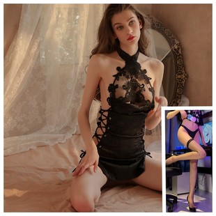 Su's Sexy Pajamas Sexy Underwear Cheongsam Temptation Passion Hollow Strap High Split Free Uniform Set