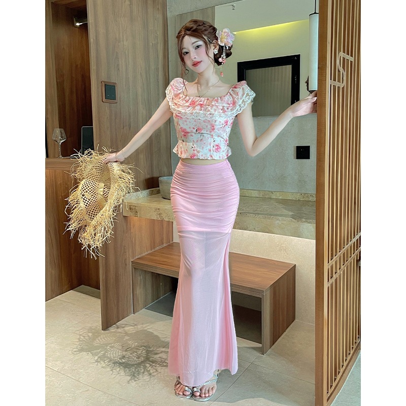 French Romantic Style One-Shoulder Floral Dress for Women, Summer Resort Style Slim-Fitting Hip-Hugging Fishtail Skirt Set, Sweet and Sweet