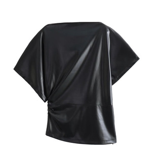 Foreign trade spring new products Europe and the United States cross-border women's fashion asymmetric pleated decorative leather jacket wholesale