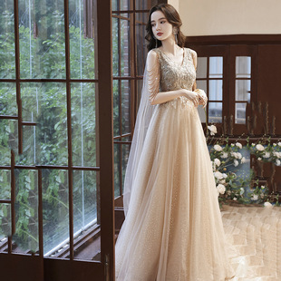 Evening Dress Women's New 2025 Champagne Color Spring and Autumn Art Test Elegant Tassel Host Annual Meeting Banquet Dress in stock