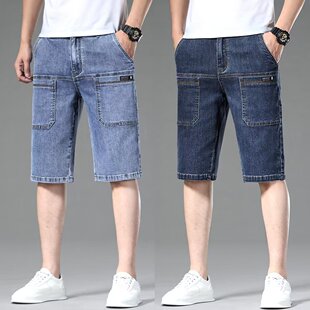 Men's Pants Korean Fashionable Jeans Slim-fit Fashion Shorts Spring and Summer Multi-bag Workwear Loose Stretch Capri Pants