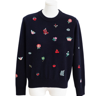 E family autumn and winter zodiac series new loose round neck flower long sleeve sweater cherry jacquard embroidery sweater women