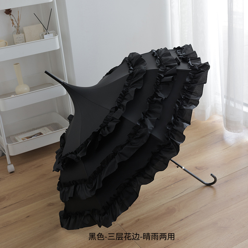 Lolita style pure white and black pagoda umbrella, fresh and elegant curved handle, windproof and rainproof umbrella, wedding umbrella, princess long handle umbrella.