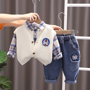 Five small seven children's clothing 2024 spring and autumn new 0-4 years old boys and girls labeled blue cat sweater vest three-piece set