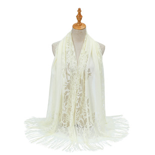 European and American Muslim scarf cover solid color lace hollow tassel scarf women's summer women's long scarf shawl