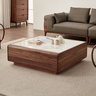 American Style Black Walnut Rock Board Coffee Table Italian Style Light Luxury Living Room Square Solid Wood Tea Table Home Storage Tea Table