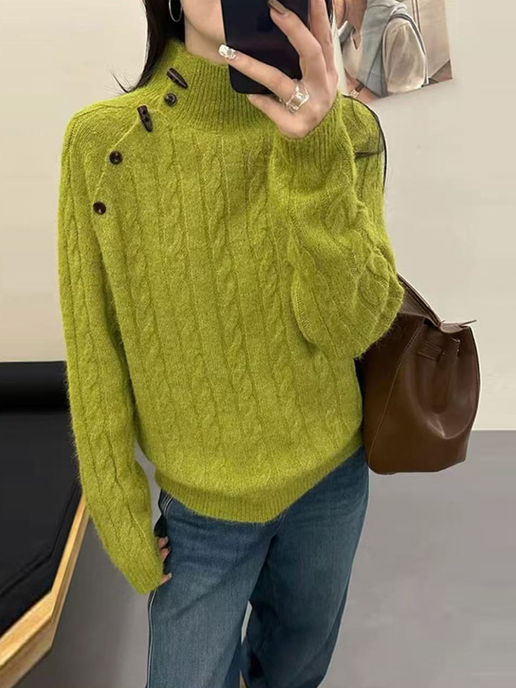 Horn Button Turtleneck Sweater for Women, New Autumn and Winter Style, Loose and Lazy Design, Cable Knit Pullover Top Wholesale