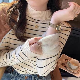 fleece-lined Sweater Women's Winter Thickened 2024 New Arrival Striped Autumn and Winter Inner Base Shirt Half-high Collar One-piece Velvet Top