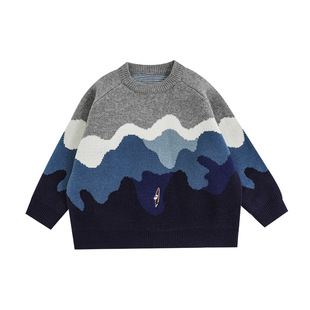 Wurib a boy Sesame jacquard round neck casual sweater 2023 Winter new children's embroidered sweater thick