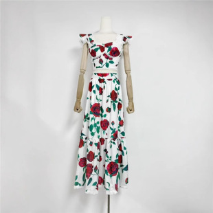 Spring and summer 2025 new condole strap tube top A- line long skirt vintage red printed suit women