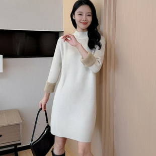 fleece-lined Thickened One-piece Velvet Warm Sweater for Autumn and Winter Women's Semi-turtleneck Long Sleeve Mid-collar Mid-length dress Sweater
