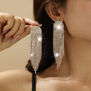 Super Flash Claw Chain Series Geometric Alloy Rhinestone Long Tassel Earrings Women's European and American Exaggerated Banquet Earrings