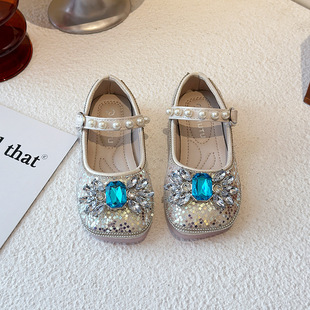 Girls Elsa Crystal Princess Shoes 2025 Spring New Bow Children's Baby Leather Shoes Soft Bottom Rhinestone Shoes