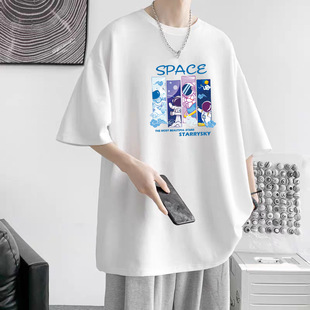 Summer Pure Cotton Short-sleeved T-shirt Men's Heavy New Fashion Brand Printed Loose Round Neck Base Shirt All-match Top for Men