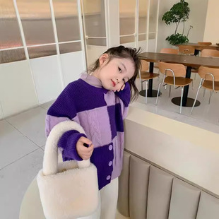 Design Sense Girls Korean Style Internet Popular Fashion Sweater Baby Winter New Children's Plaid Stitching Sweater Trendy