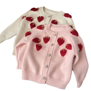 Girls' Winter 2025 Spring Sweet apricot Knitted Cardigan Jacket for Baby Girls Children Three-dimensional Strawberry Long Sleeve Top