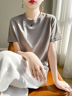 Cotton Short-sleeved Women's Round Neck Summer All-match T-shirt Cool-feeling Combed Australian Cotton T-shirt White Shoulder Top Slimming