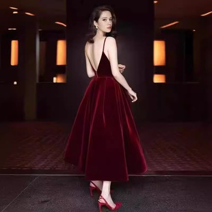 Celebrity style high-end sexy sling dress evening dress velvet toast dress New