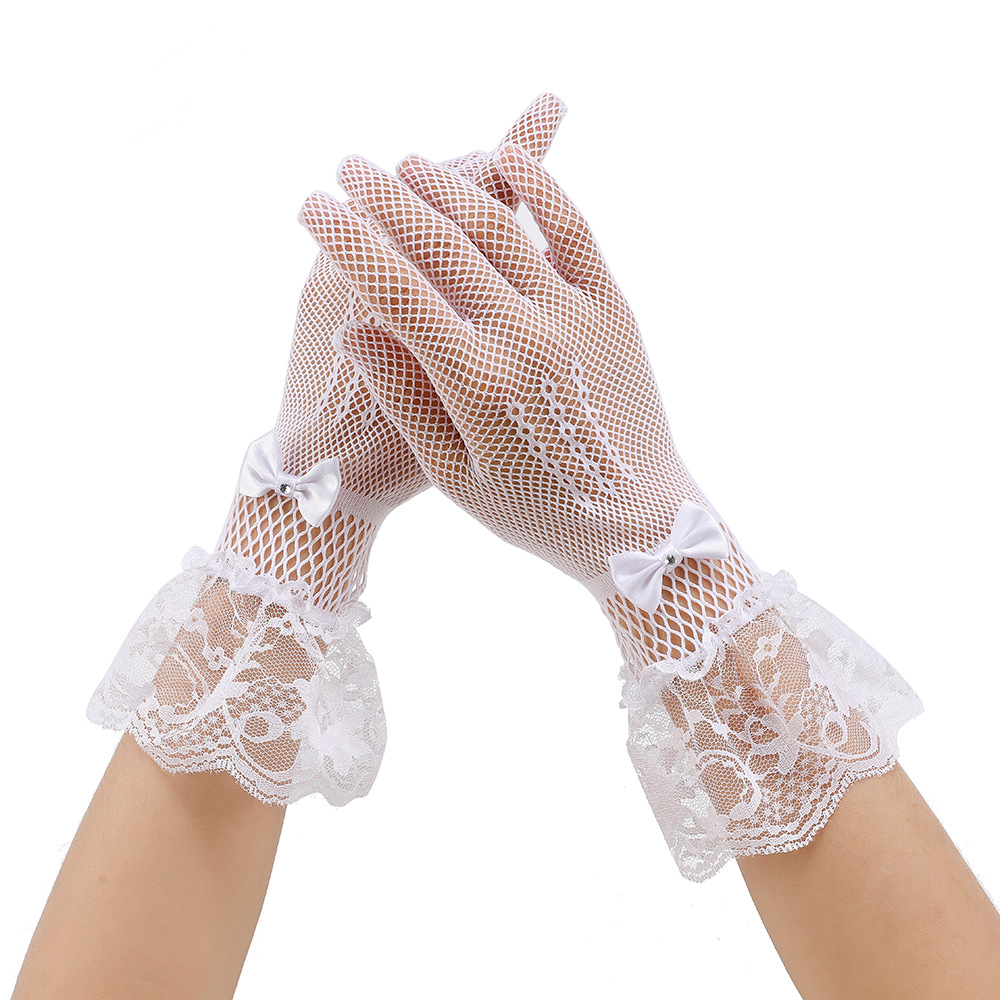 Bride Full-Finger Fishnet Lace Gloves Bow Mesh Bright Diamond Wedding Dress Ceremony Stage Performance Gloves for Women