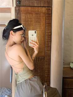 Hot Girls' Halter Camisole Women's Summer Niche Design Green Backless Strap Slim-Fit Chic Short Top