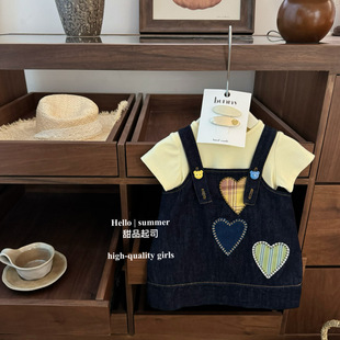 [dessert cheese] peach peach heart! Baby Girl's Goose Yellow T-shirt Short-sleeved Loving Cloth Soft Denim Strand Dress