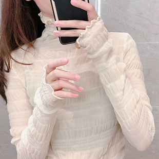 2022 Spring and Autumn Mesh Base Shirt Women's Long-sleeved Thin All-match Transparent High Collar Lace Stylishly Inner Chiffon Top