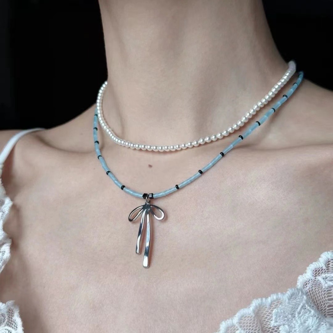 Ballet Girl ~ Blue Bow Beaded Necklace Niche Pure Desire White High Color Value All-match Clavicle Chain