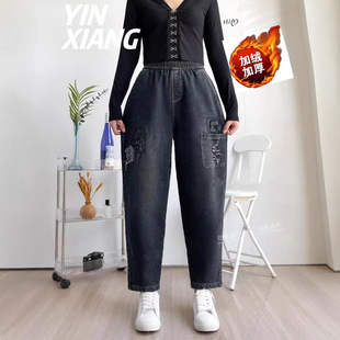 plus size 2024 High Waist Slim Look Jeans Winter fleece-lined Thickened Embroidered New Loose Loose Waist Harem Pants for Women